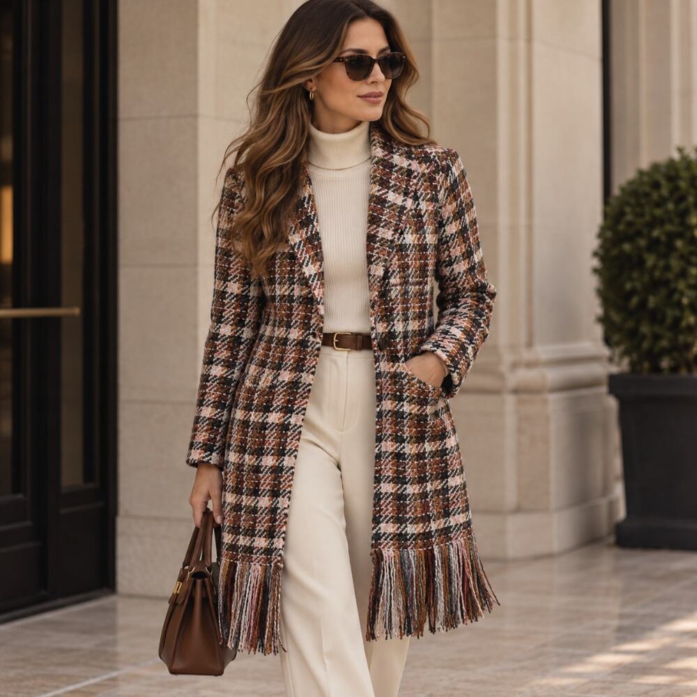 CABI Regency Coat Noble Plaid Longline Fringe Heritage Sz S $278